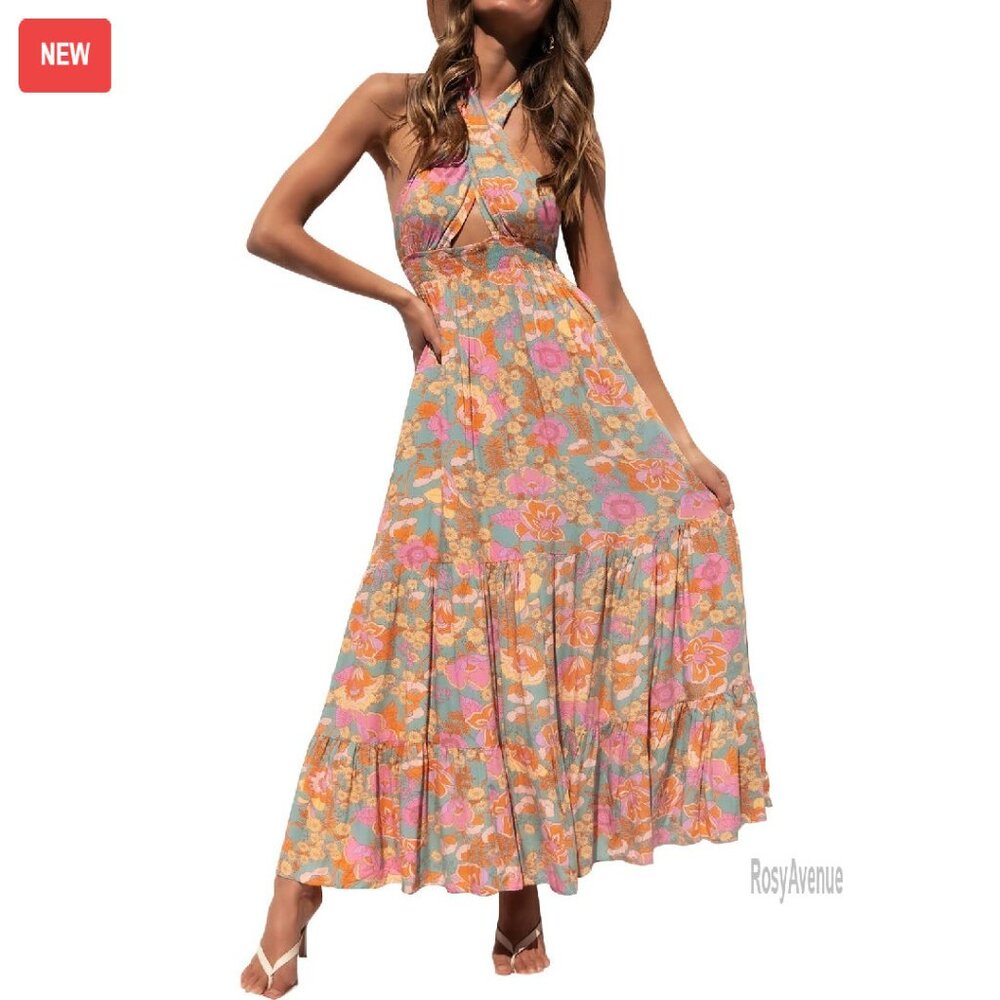 Summer Halter Maxi Dress With Cutout Back, Sleeveless Plaid A-Line